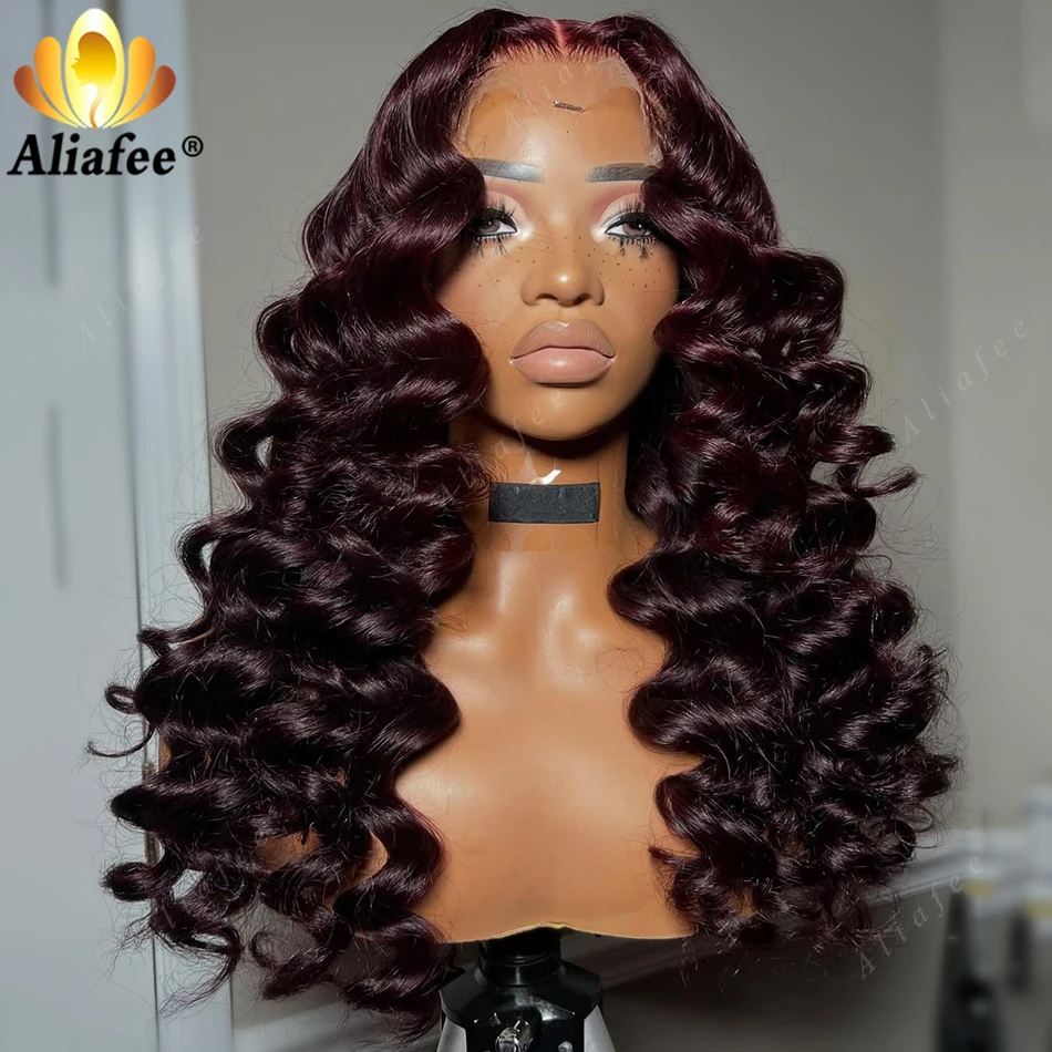 Black 99J Loose Deep 13x6 Lace Frontal Curly Wigs 200% Density Dark 99J Burgundy Lace Closure Wigs Pre Plucked Remy Curly Wig