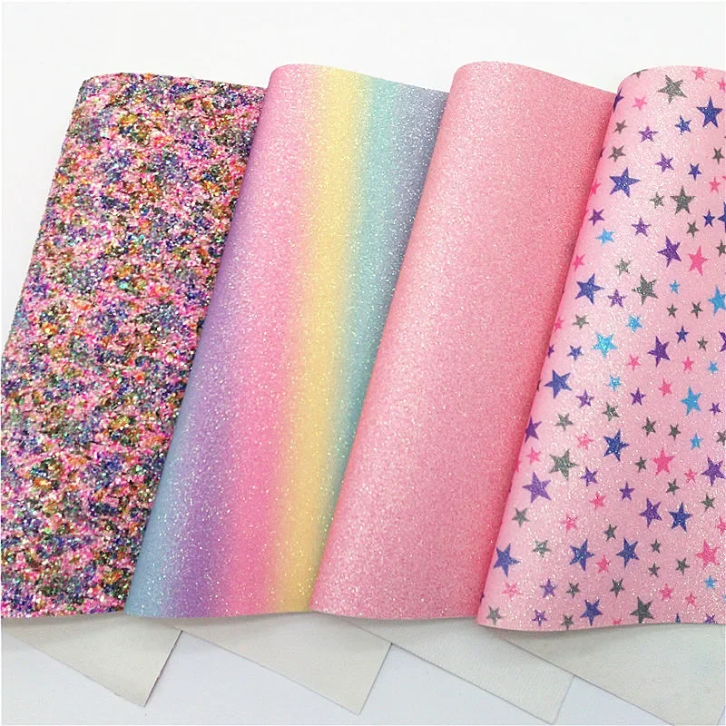 Pink Glitter Leather Pastel Rainbow Glitter Faux Fabric Stars Printed Glitter Leather Sheets For Bows DIY 21x29CM Q618