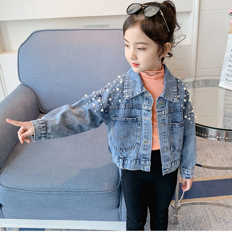 2024 New Fashion Pearls Beading Denim Jacket For Girls Coat Spring Autumn Children\'s Outerwear 3-10 Years Teenage Girls Clothes