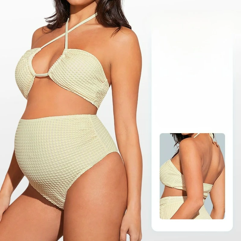 2026 New Two-piece Swimsuit Women Solid Color Maternity Tie Mesh Halter Belly Support Seamless Sexy Bikini