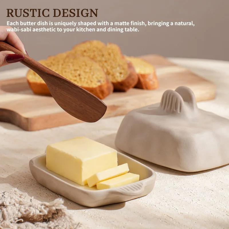Handmade Coarse Ceramic Butter Dish with Lid - Creative Textured Rectangular Kitchen Butter Keeper, Rustic Decor for Home