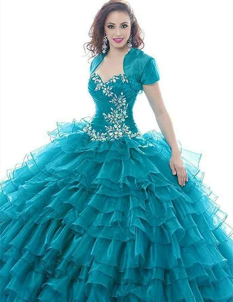 Vestidos quinceanrea em camadas plissados cristais frisado princesa vestido de baile querida até o chão vestido de baile personalizado