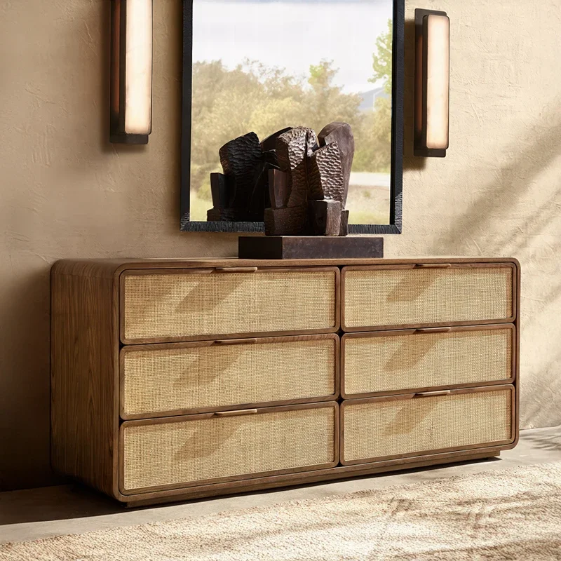 Vintage Rattan Accent 6 Drawer Dresser, Solid Wood Bedroom Locker, Makeup Dresser with Entrance TV Stand