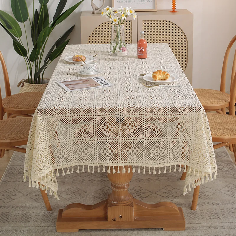 Chinese vintage crochet tablecloth, woven cut-out tablecloth, anti-slip lid towel, tablecloth, beige cut-out cloth placemat