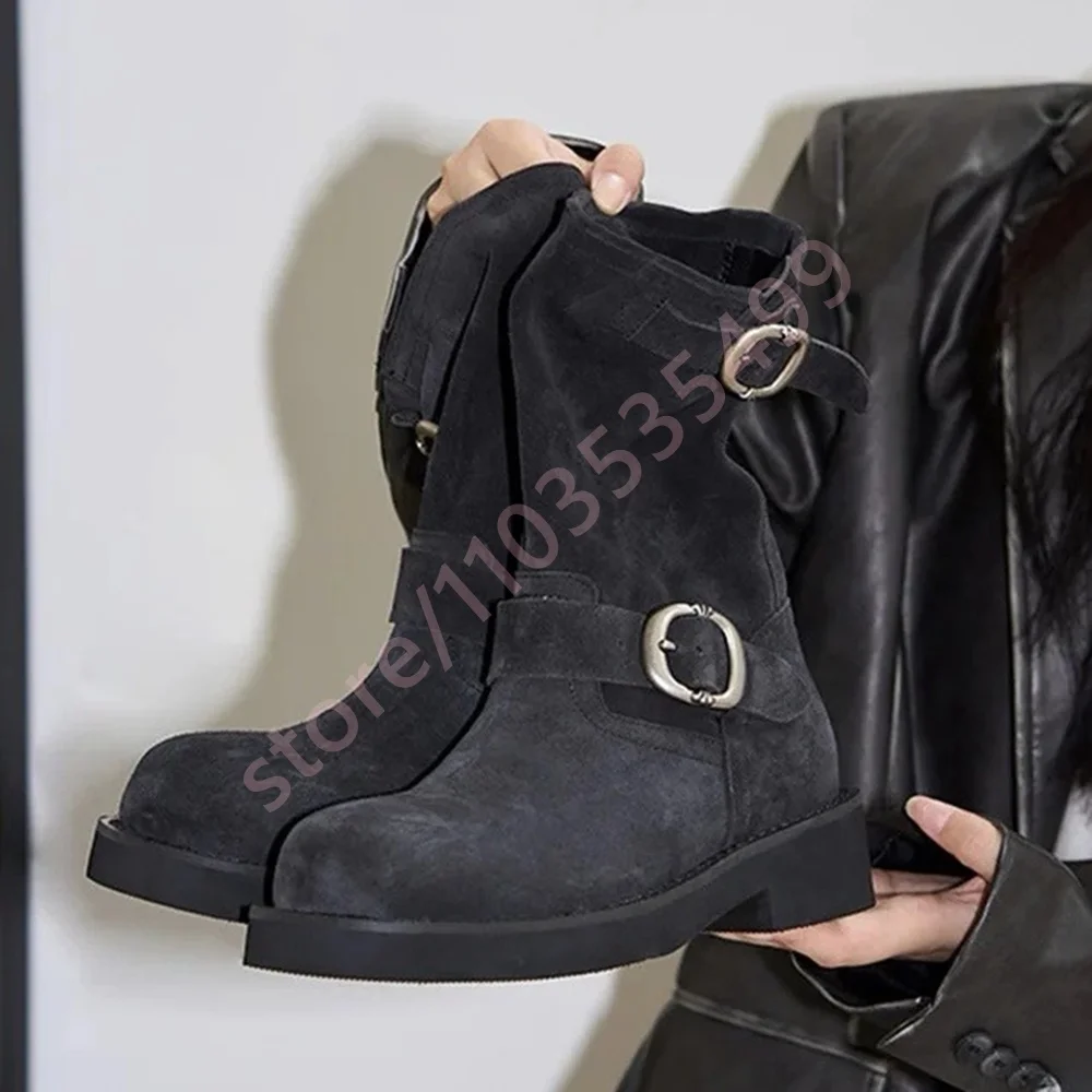 

Thick Sole Round Retro Women's Short Boots 2025 Street Style Belt Buckle Western Boots Solid Color Suede Thick Heel Casual Boots
