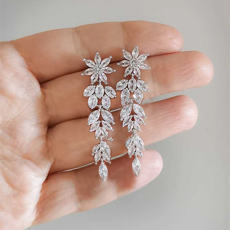 Huitan Aesthetic Flower Long Hanging Earrings for Women Gorgeous Wedding Accessories with Brilliant Cubic Zircon Trendy Jewelry