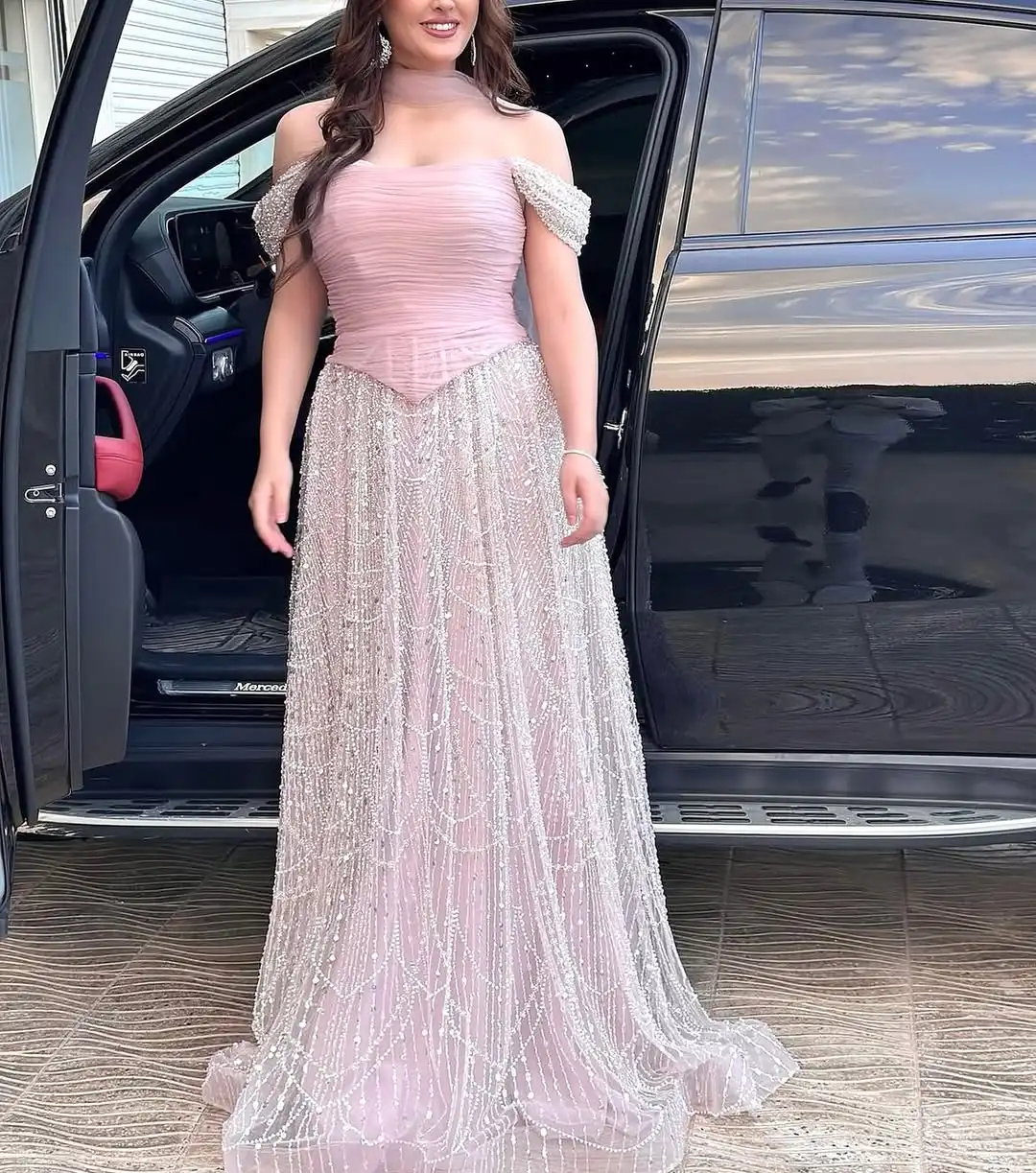 

New Design Pink Sexy Off The Shoulder Beading Sequins A Line Evening Dress With Ribbon Pleated Prom Formal Party Dress