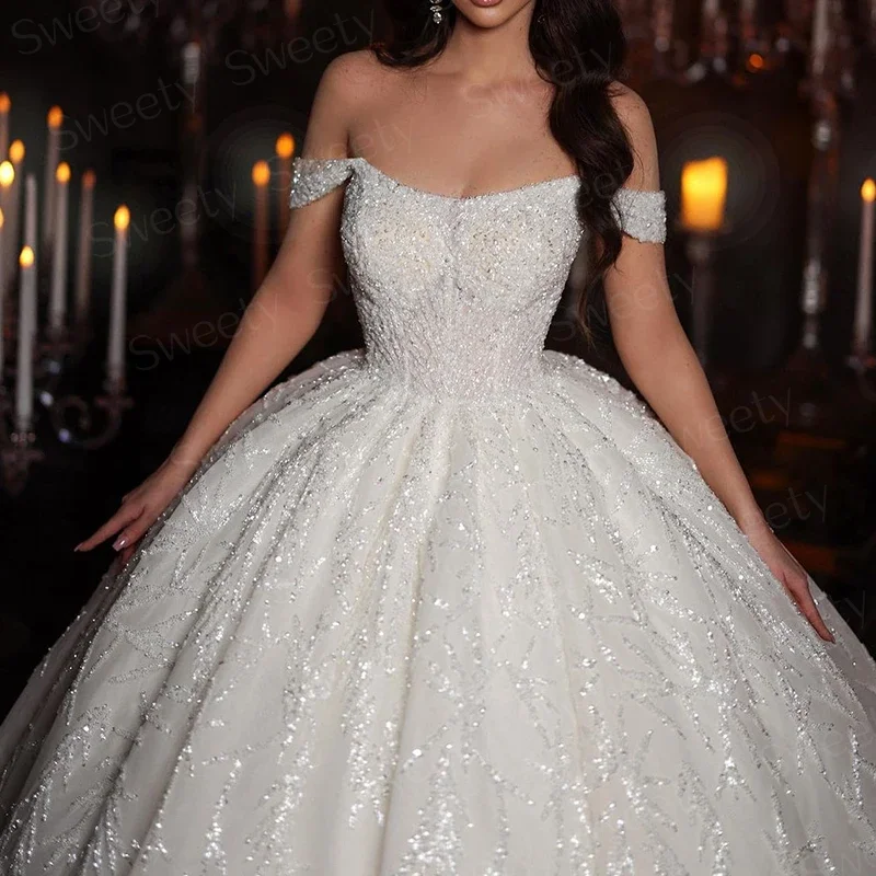 Glitter trouwjurk organza met borduurwerk kraal baljurk vierkante kraag mouwloze bruid vetersluiting vestido de novia aangepast