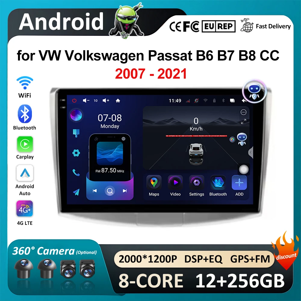 Carplay 9'' for VW Volkswagen Passat B6 B7 B8 CC 2007 - 2021 Android OS Car Audio Multimedia Player GPS Navi 4G+WiFi Head Unit