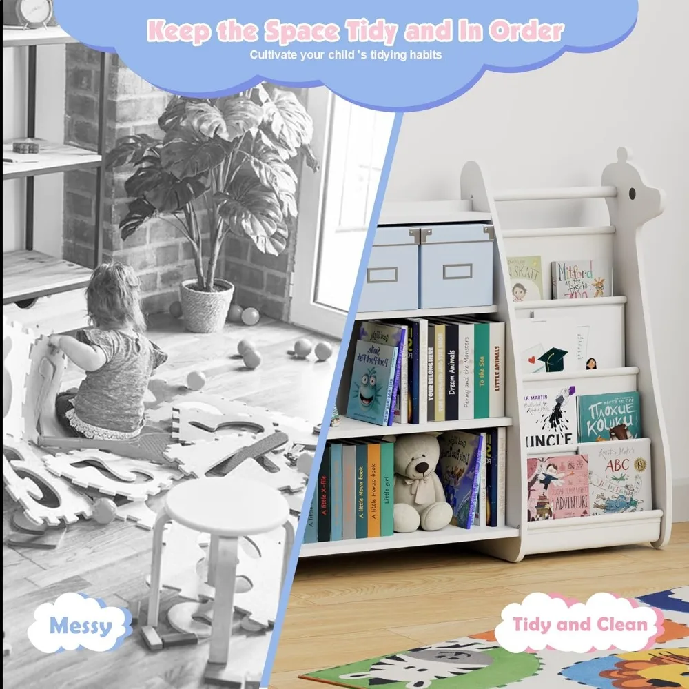 Rak buku anak 4 tingkat - penyimpanan gaya sling putih untuk buku dan mainan balita di ruang bermain