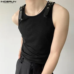 INCERUN Men Tank Tops Solid Color PU Leather Button Sleeveless Streetwear O-neck Vests 2024 Summer Fashion Men Clothing S-5XL