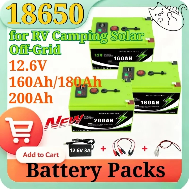 12.6V 160Ah/180Ah/200Ah High Capacity Li-ion Battery Pack with USB Port & LED Display Rechargeable for RV Camping Solar Off-Grid