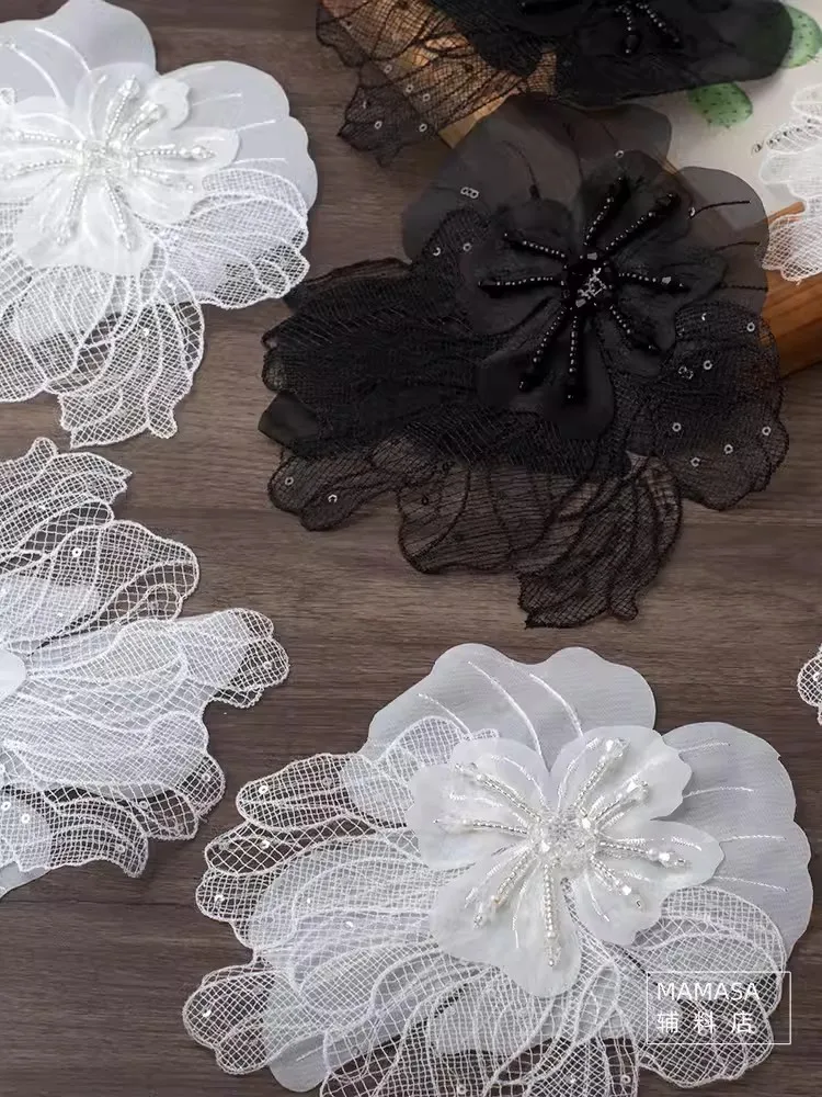 Black and white stereo double mesh sequin flowers handmade pearl diamond double lace wedding accessories