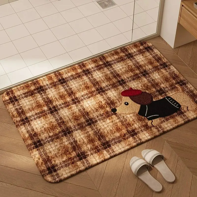 VIKAMA Brown Check Weiner Dog Beret Bath Rug Grip Backed Absorbent Floor Covering Soft Carpet Space Decor Toilet Accent Durable
