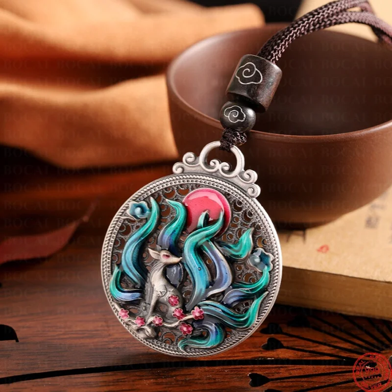 S925 Sterling Silver Charms Pendants for Women Men New Fashion Cloisonne Emboss Nine-Tails-fox Punk Jewelry Wholesale