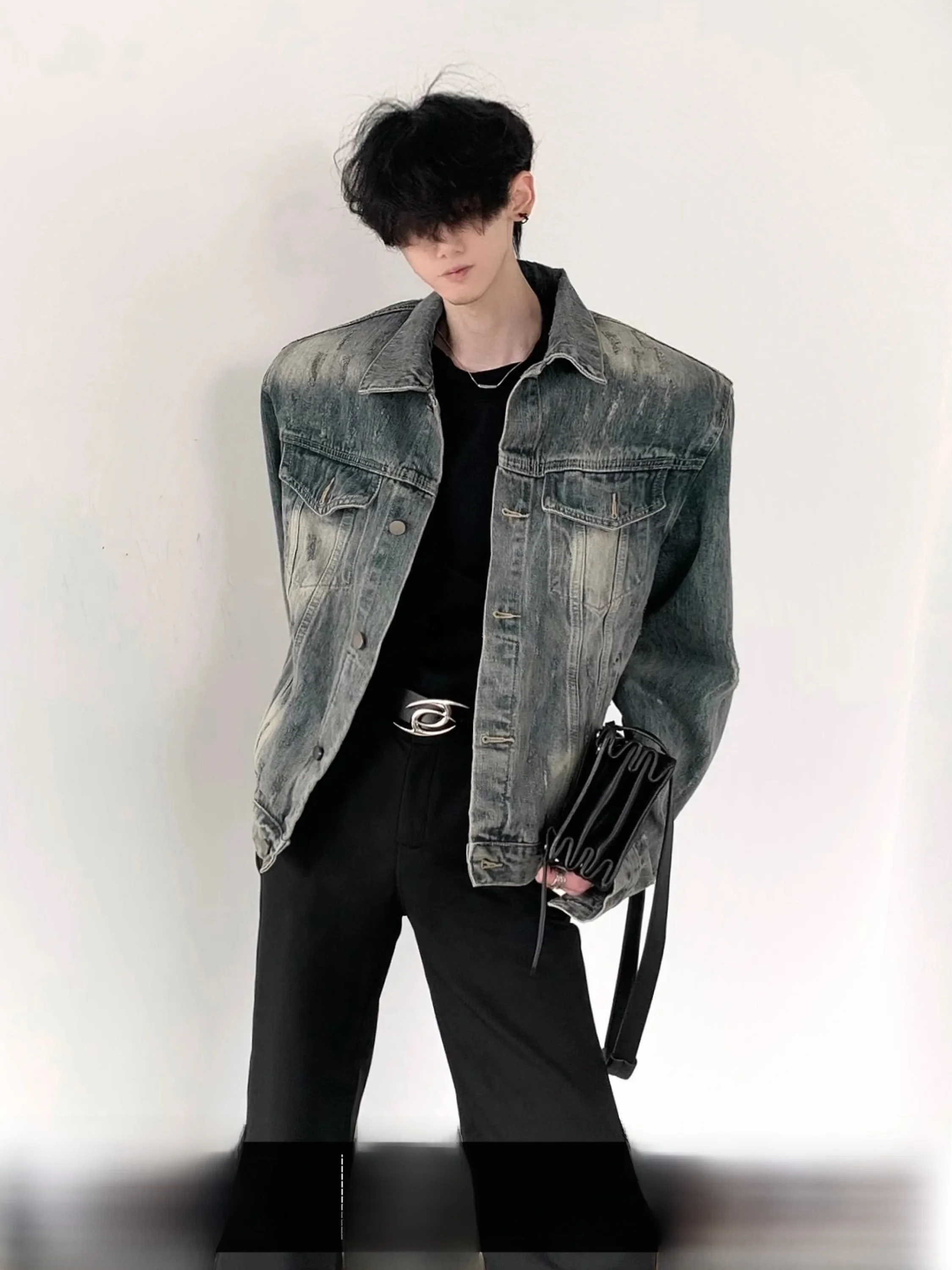 Washed Blue Denim Jacket Men's Shoulder Pad Short Style Retro Design Autumn Mountain Wind Youthful Energy Spring Autumn Winter