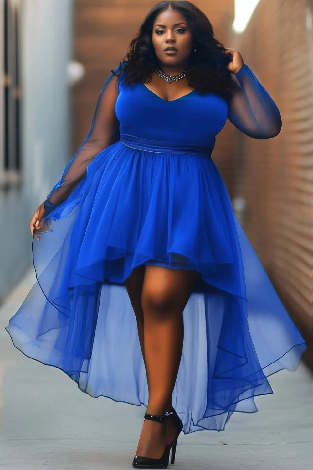 

Plus Size Party Blue V Neck Long Sleeve Asymmetric Hem See Through Velvet Tulle Mini Dresses for Women 2025