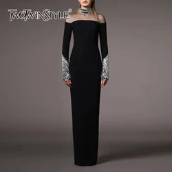 TWOTWINSTYLE Formal Spliced Diamonds Dress For Women Stand Collar Long Sleeve Tunic Patchwork Mesh Chic Dresses Female KDR506080