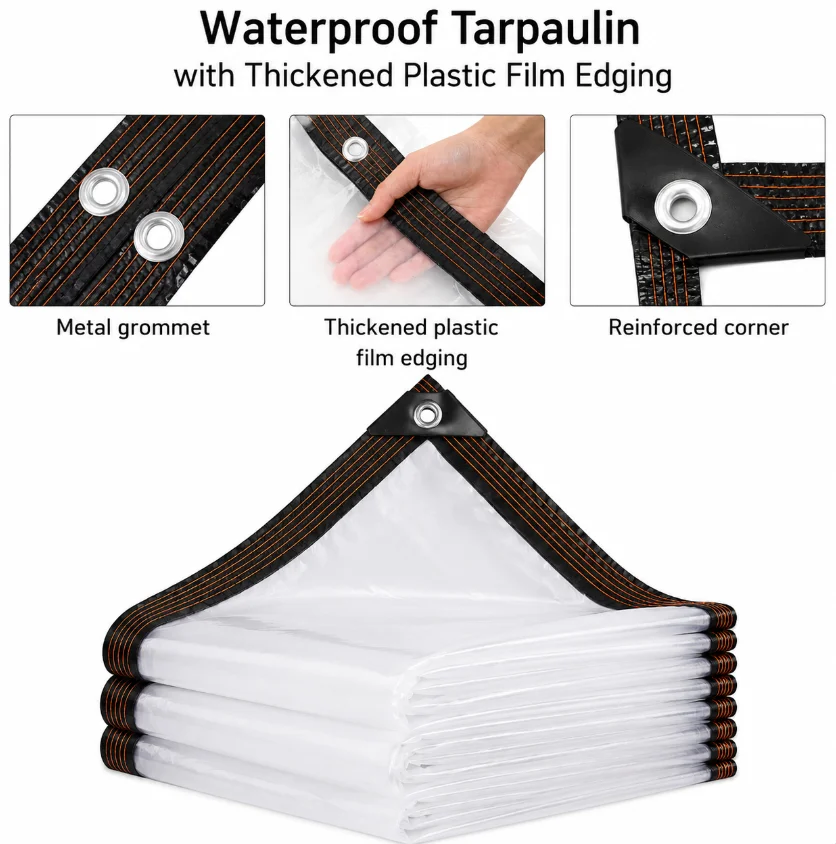 Clear Tarps with Grommets Plastic Tarpaulin Thicken Waterproof Transparent Plastic Tarp for Patio Enclosures Winter Protection
