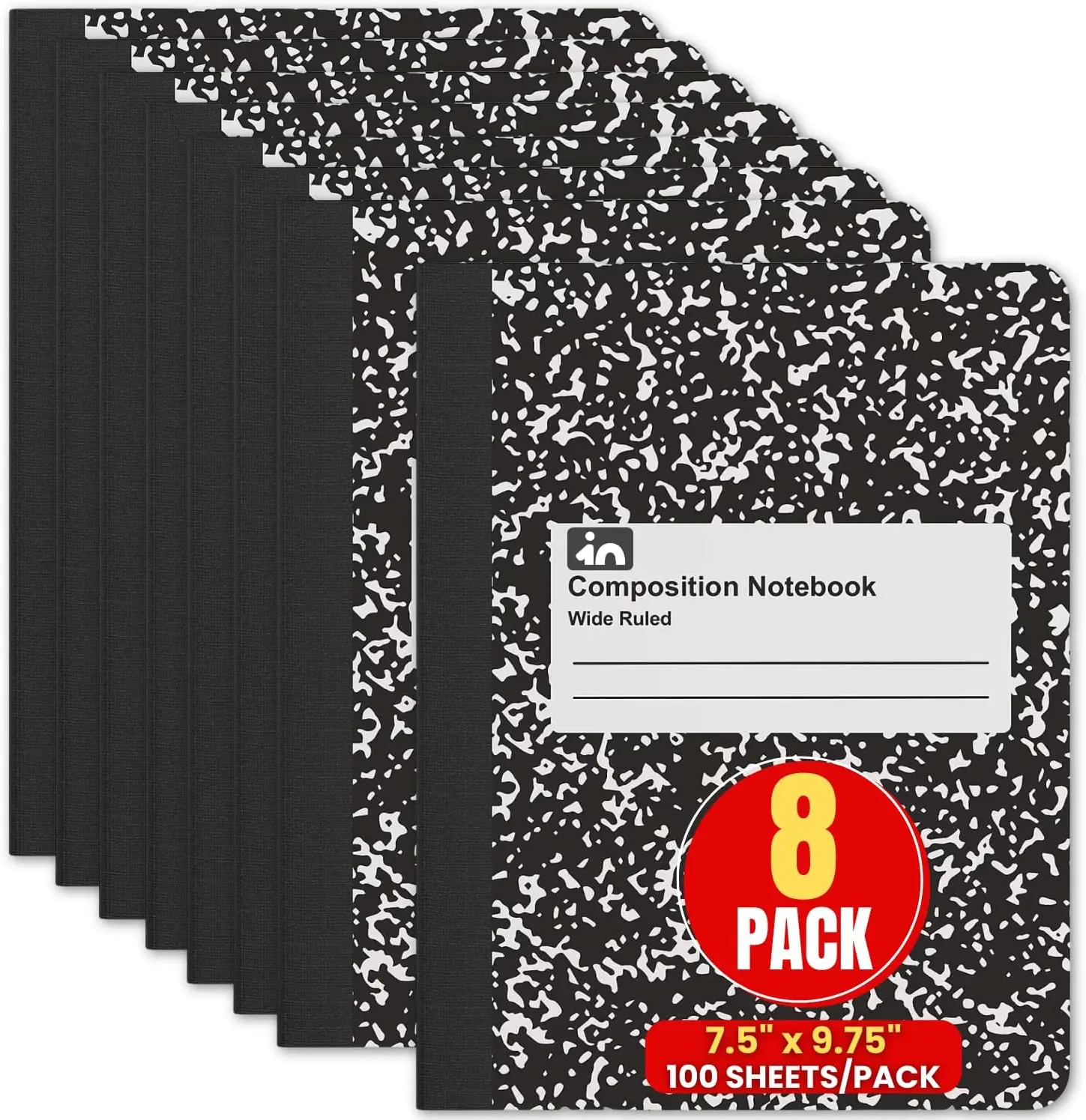 

Тетрадь в широкую линейку, 7,5x9,75 дюймов, 100 листов в тетради, набор из 8 штук, белый/черный цвет.