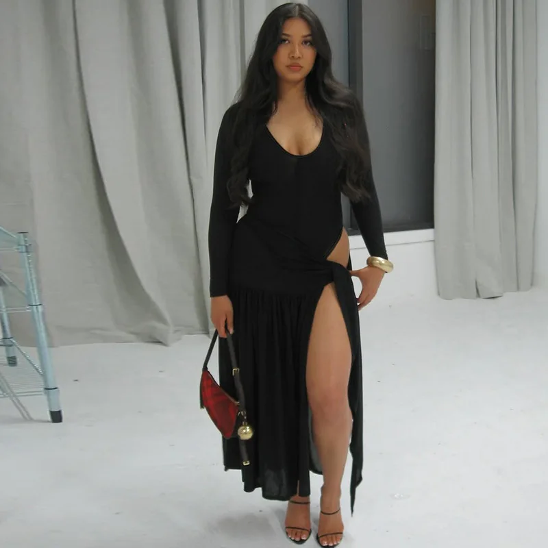 ฤดูร้อนใหม่jumpsuitแขนยาวที่ทันสมัยและเซ็กซี่พร้อมกระโปรงผูกสองชุด