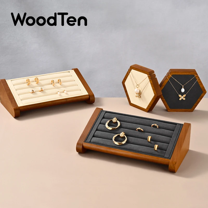 

WoodTen Solid Wood Ring Display Stand Microfiber Ring Jewelry Organizer Holder Jewelry Display Storage Rack for Earring Showcase