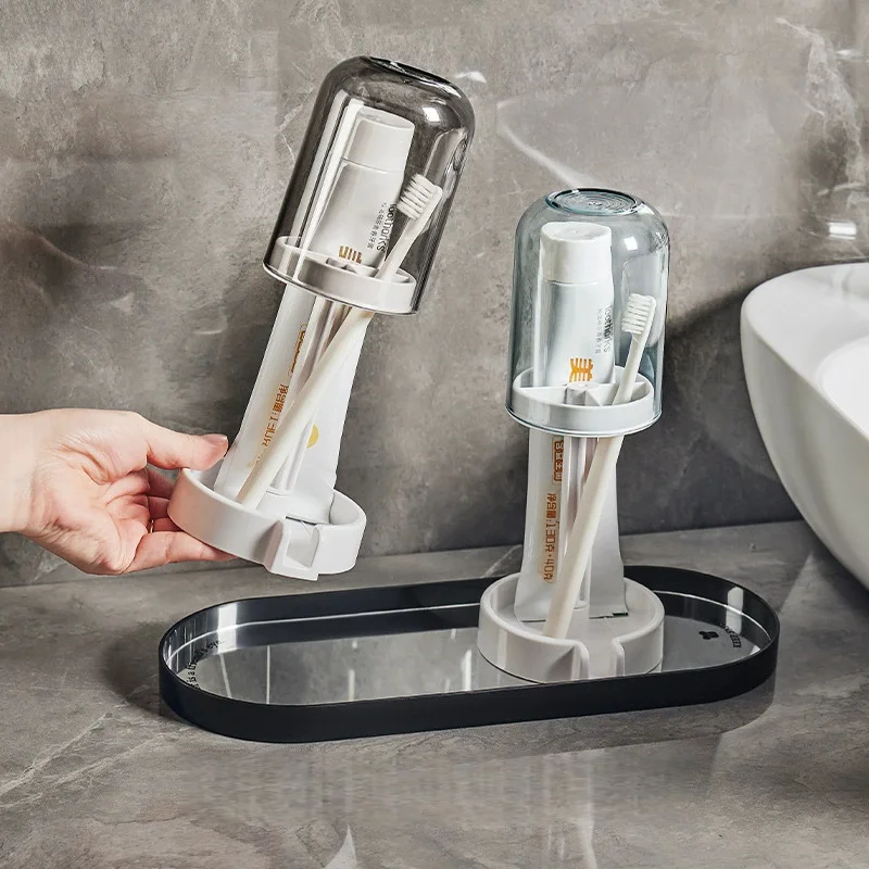 Imagen 5: Portacepillos de Dientes con Cubierta Antipolvo y Diseño de Drenaje, Organizador Multifuncional de Plástico para Baño, para Cepillos de Dientes y Vasos