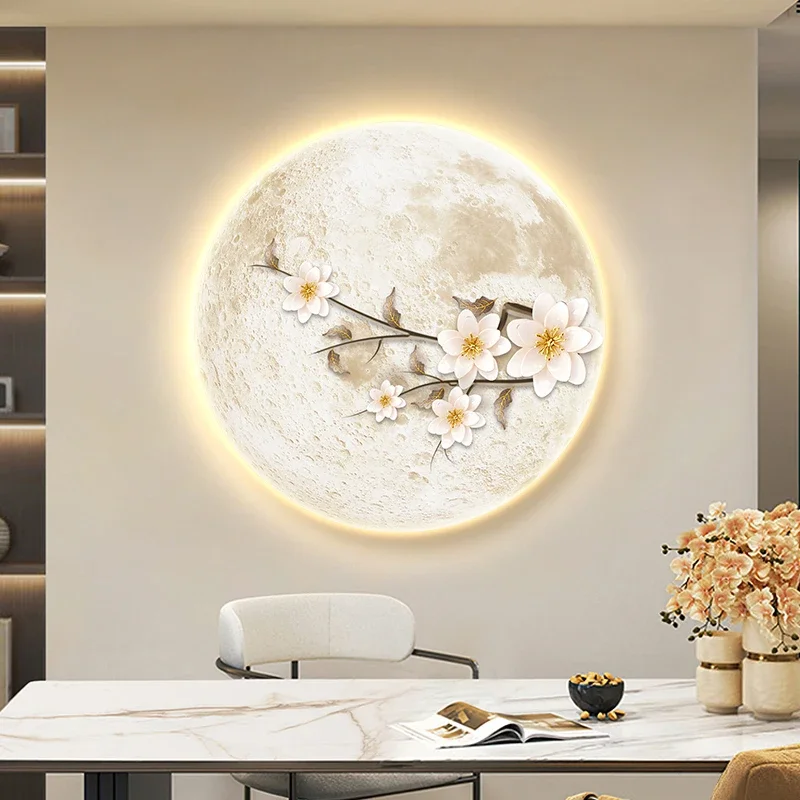 Beautiful Flower Full Moon LED Atmosphere Light - Living Room Decorative Painting Wall Art with Night Light Lighting Function