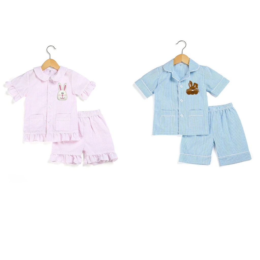 Wholesale  seersucker Short Sleeve boys and girls Pajamas Sleepwear Easter Bunny Kids Pyjamas