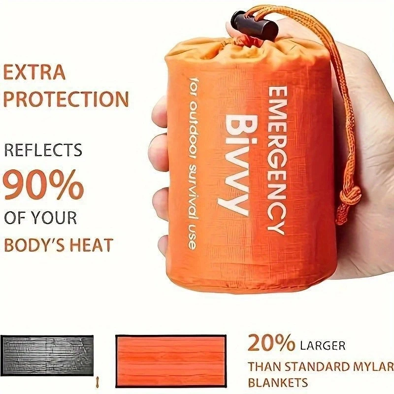 أكياس نوم متعددة الطوارئ، برتقالية، حقيبة برباط، محمولة، مناسبة للتخييم في الهواء الطلق