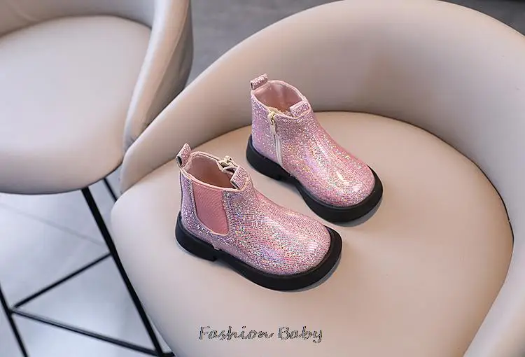 Size 21-30 Kids Autumn Winter Shoes Thick Bottom Waterproof Sequin Boots British Style Girls Toddler Short Boots Anti Slip Foot