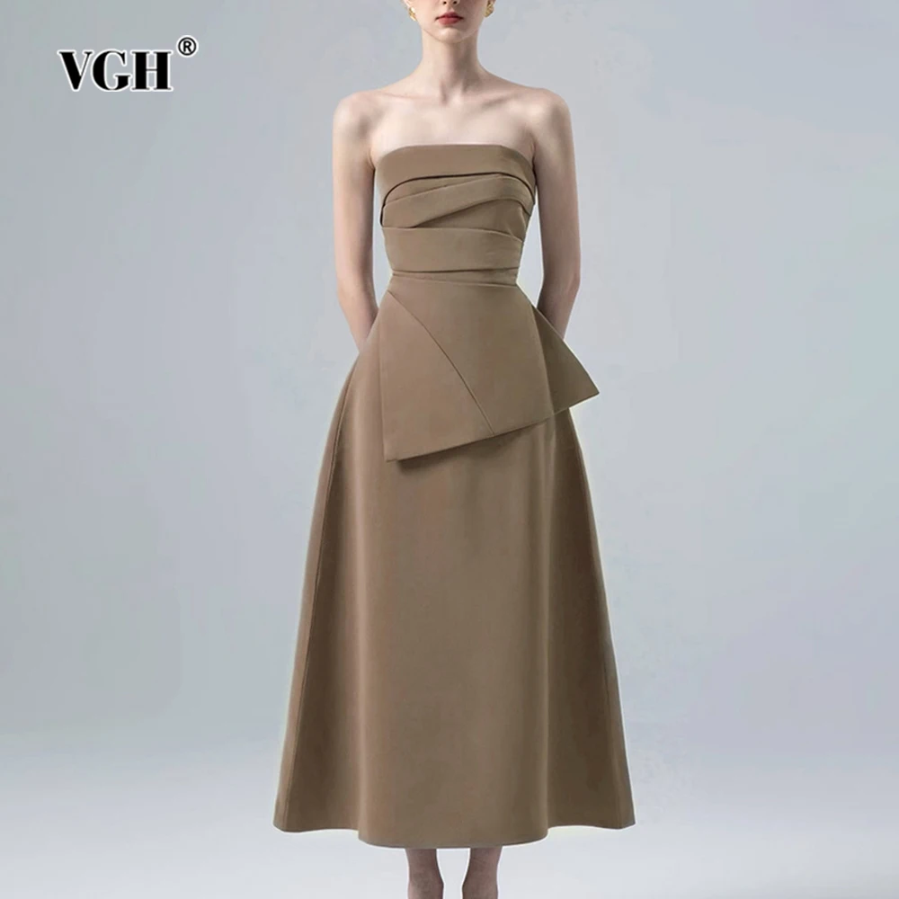 

VGH Solid Two Piece Sets For Women Strapless Sleeveless Spliced Folds Top High Waist A Linr Skirts Temperament Set Female New