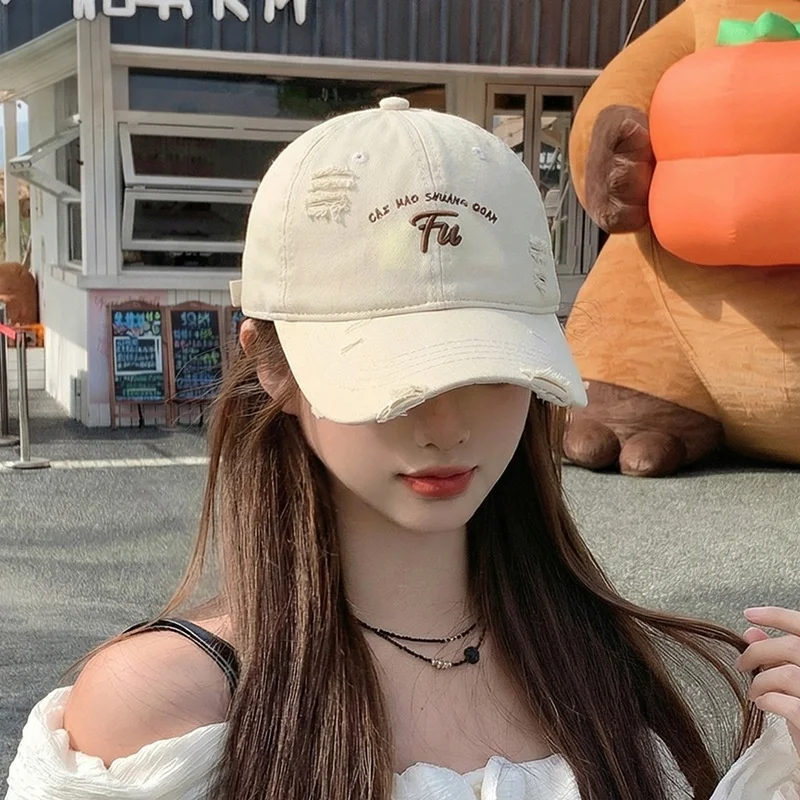 Women Vintage Distressed Baseball Cap Fu Letter Embroidery Washed Cotton Adjustable Outdoor Sun Dad Hat 9 Colors