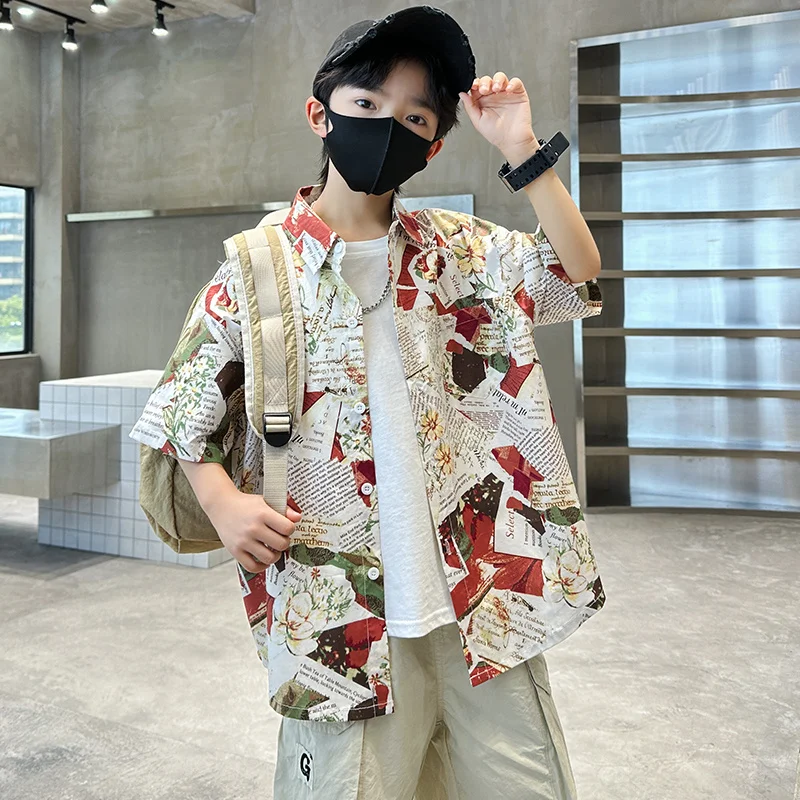 Kids Boy High Fashion Summer Short Sleeve Newspaper Shirt Tweens Child Stylish Streetwear Tops Outfits New Design Age 5 To 14 Y