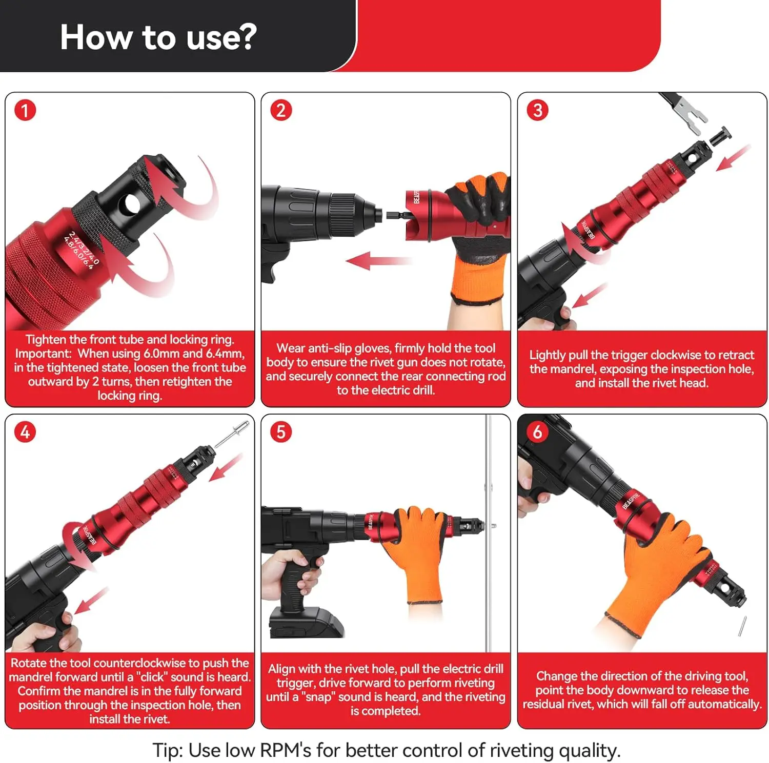 Cordless Rivet Gun Adapter Kit with 6 Heads & 30 Rivets for Easy Pop Riveting 2.4-6.4mm