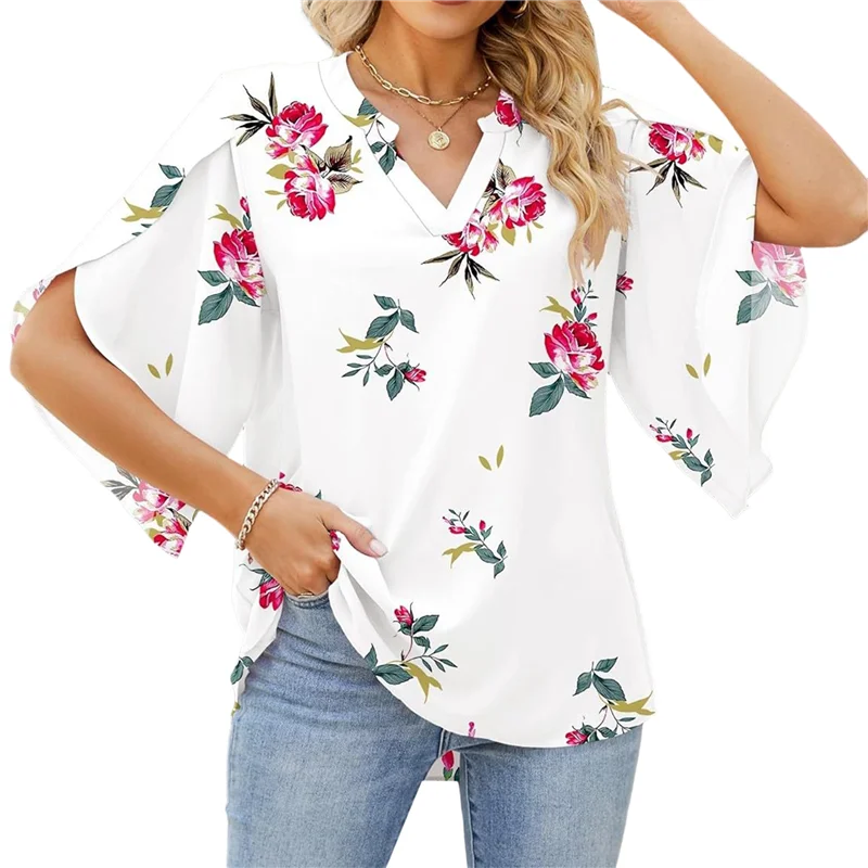 AOAO-3/4 Tops femininos de manga comprida soltos com decote em V camisa com estampa de pétala de chiffon blusas de trabalho de negócios