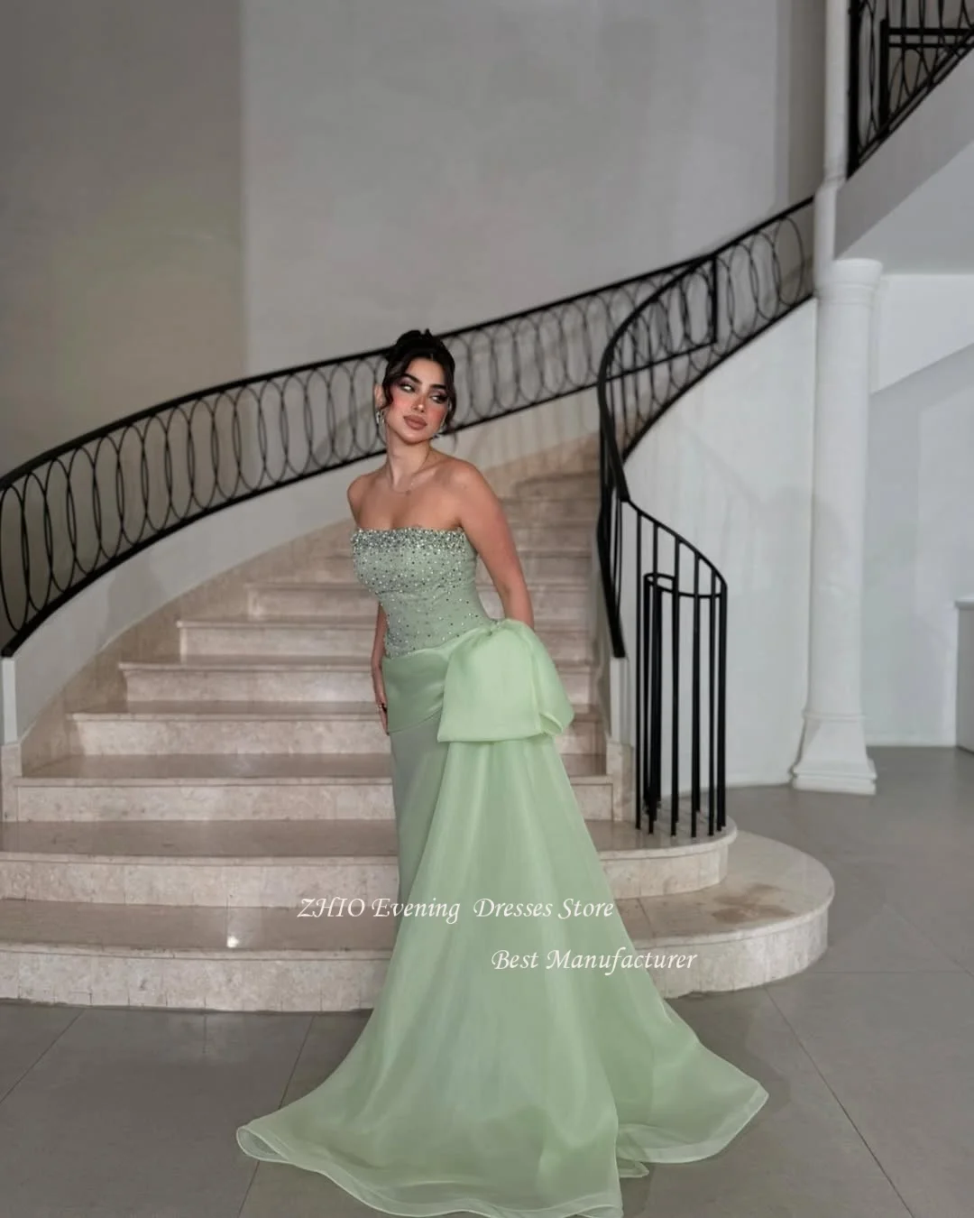 ZHIO-vestido de noche de lujo con lentejuelas de Organza verde, sin tirantes, línea A, plisado, vestido de fiesta largo, cola de barrido, vestido de graduación personalizado