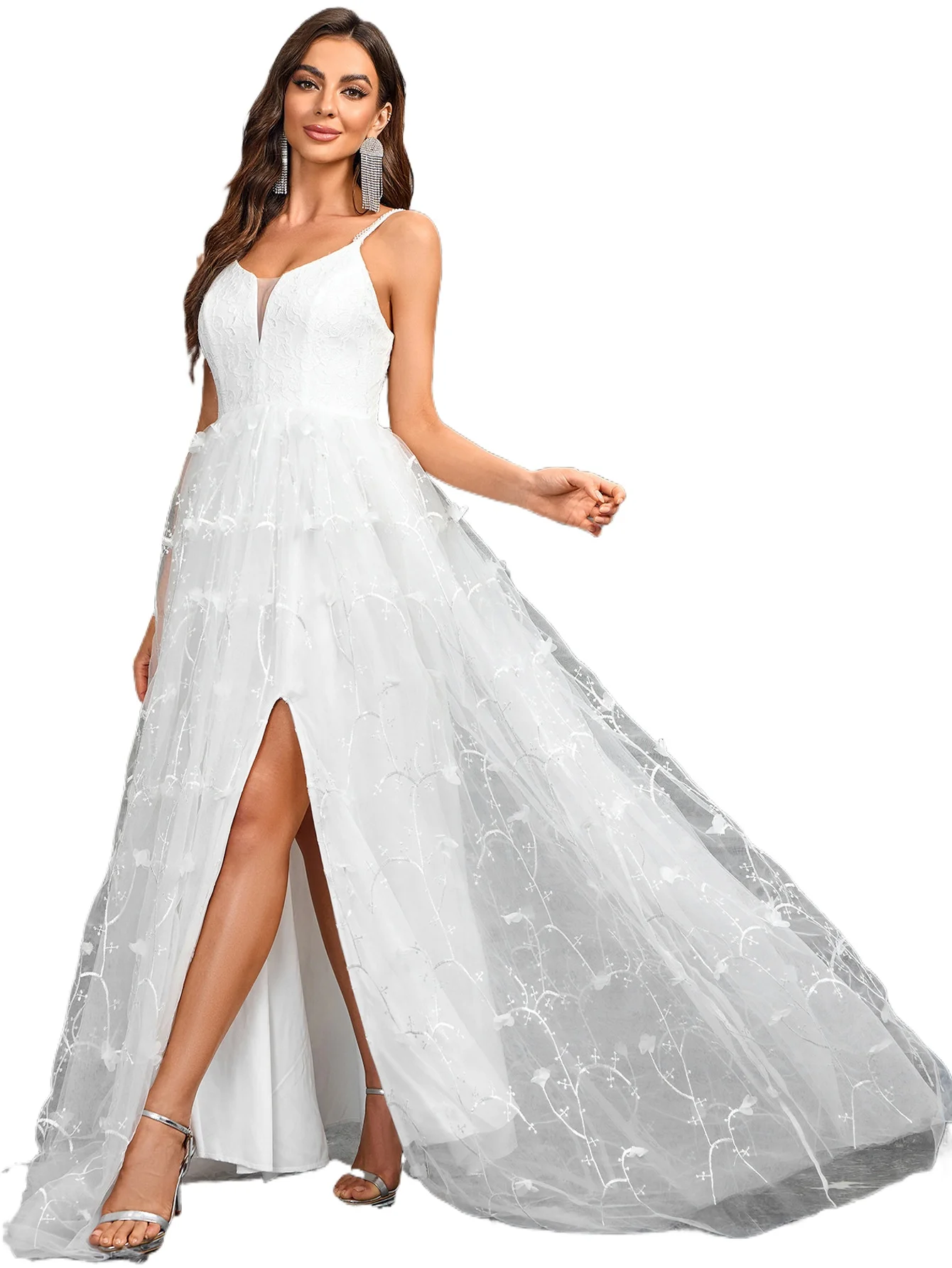 

Sexy V-neck Backless Spaghetti Straps Embroidery Flowers Side Split Long Formal Evening Party Dress White