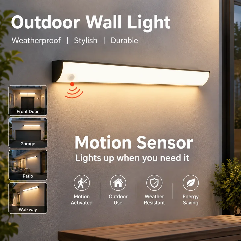 LED Wall Light, Outdoor Motion Sensor, IP65 Waterproof Aluminum Linear Lamp for Balcony Patio Garden Entrance, Modern Home Decor