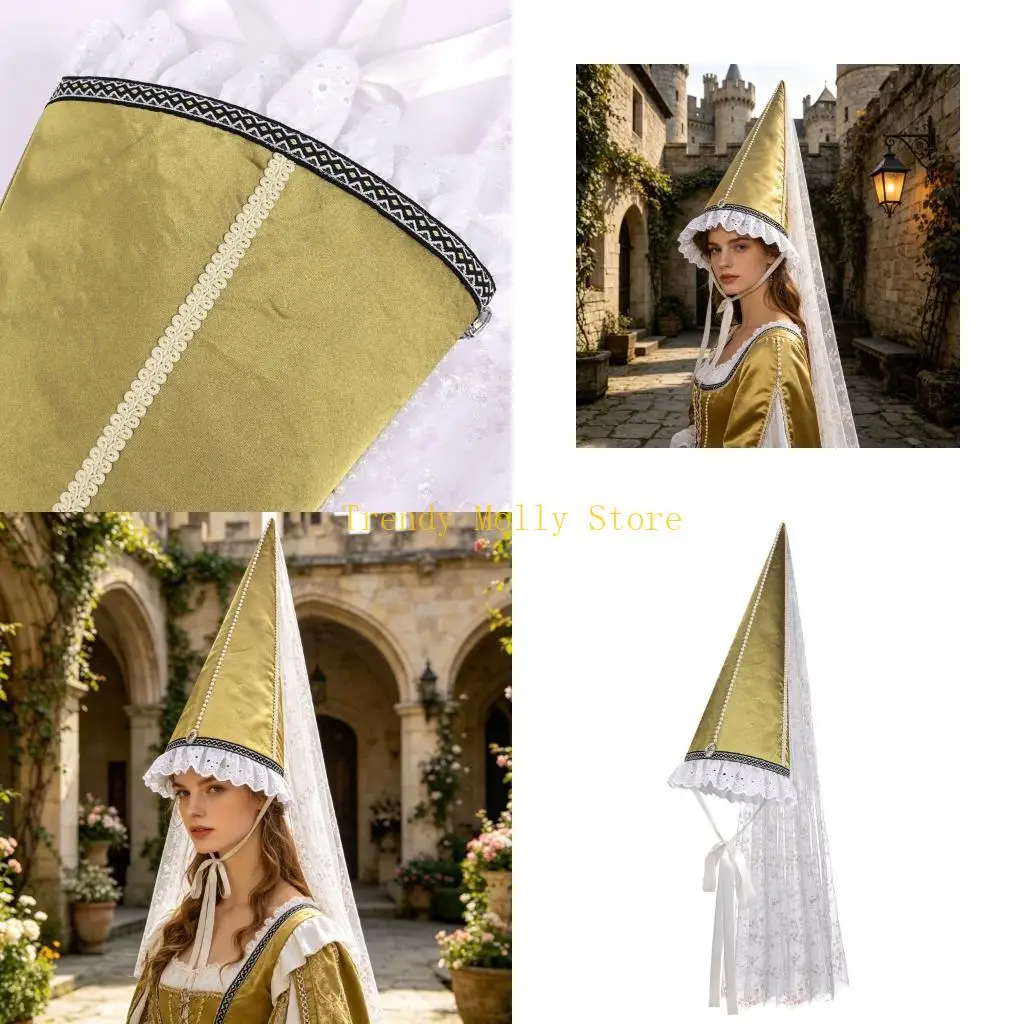 

N5KB Tall Gothic Hennin Veil Hat Victorian Charm Costume Piece For Fantasy Larp
