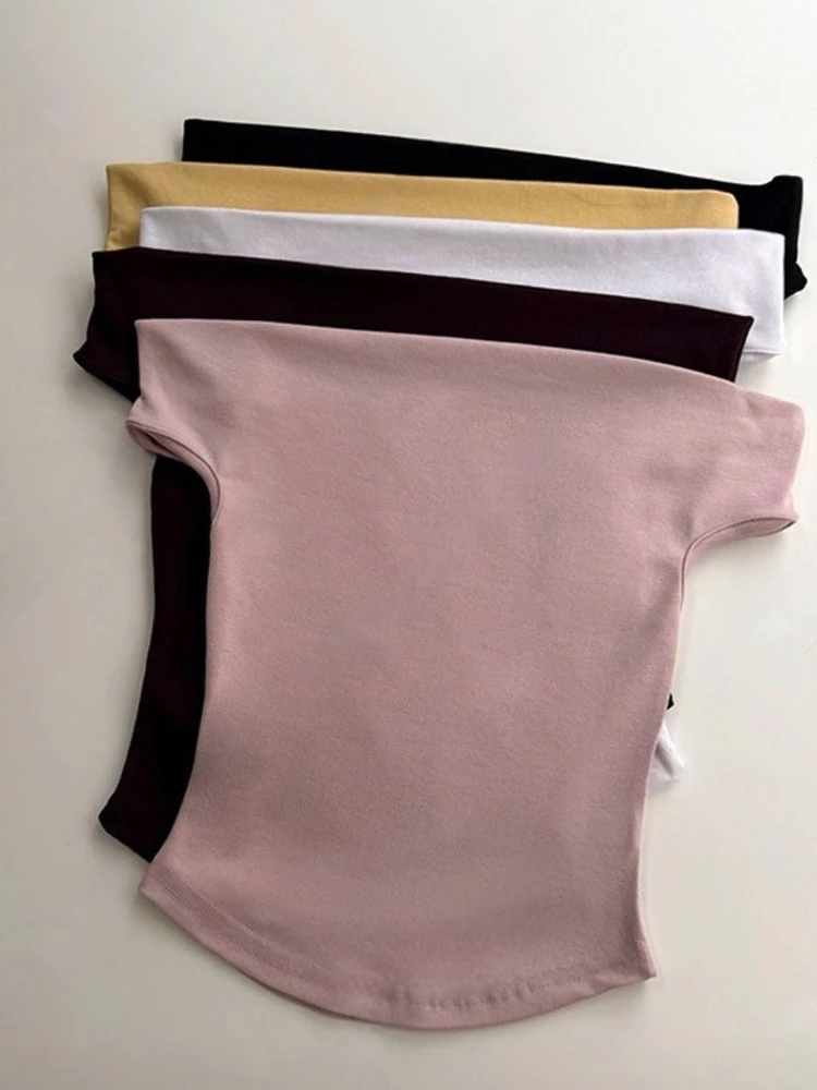 Sexy Off Shoulder Crop Top Korean Style Slim One Shoulder Short Sleeve T-Shirt For Women 2026 Summer Solid Figure Flattering Tee