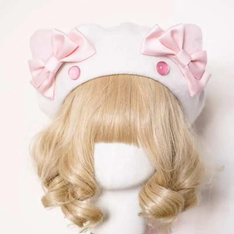 Boina de lana de gato multicolor Lolita de diseño Original JK, gorro de calabaza de felpa para otoño e invierno, boina cálida de gato dulce y bonito para niña