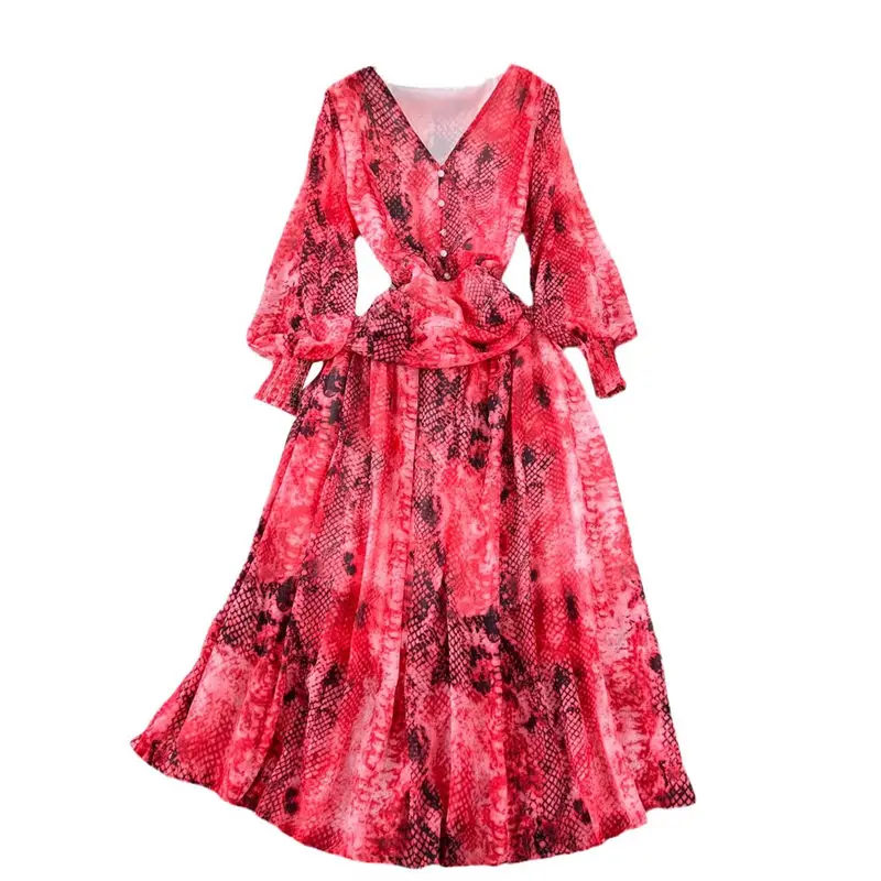 Spring And Autumn Dress Luxury Elegant Lantern Long Sleeve V-Neck Waist Shrinking Wrinkle A-Line Snake Print Dress Maxi Z2744