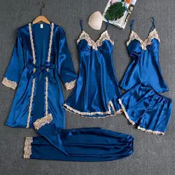 5 Pcs/Set Women Pajamas Set Nightgown Nightdress Top Shorts Pants Set Silky Satin Lace Lace-up Waist Thin Homewear Sleepwear Set