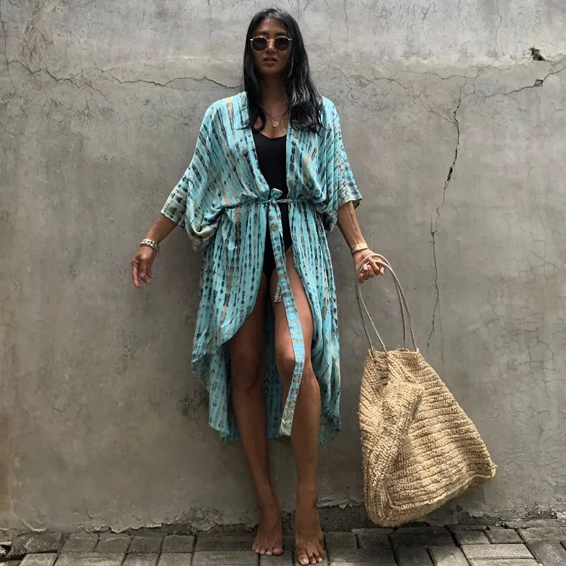 Spring Summer Fashion Printing Leaf Women's Cardigan Loose Beach Sun Protection Jacket Bikini Blouse Swimsuit Women Dress