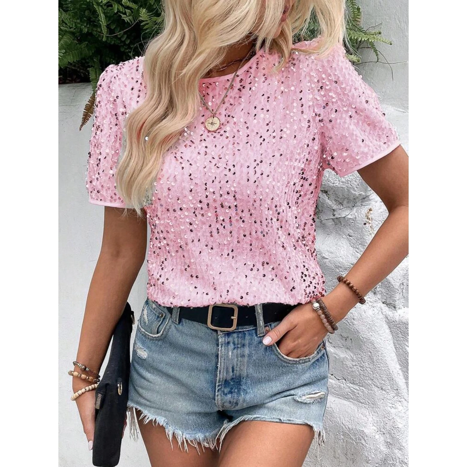 Damska koszulka z cekinami, luźna, okrągły dekolt, do pracy, wygodna, oddychająca, casualowa, modna bluzka.