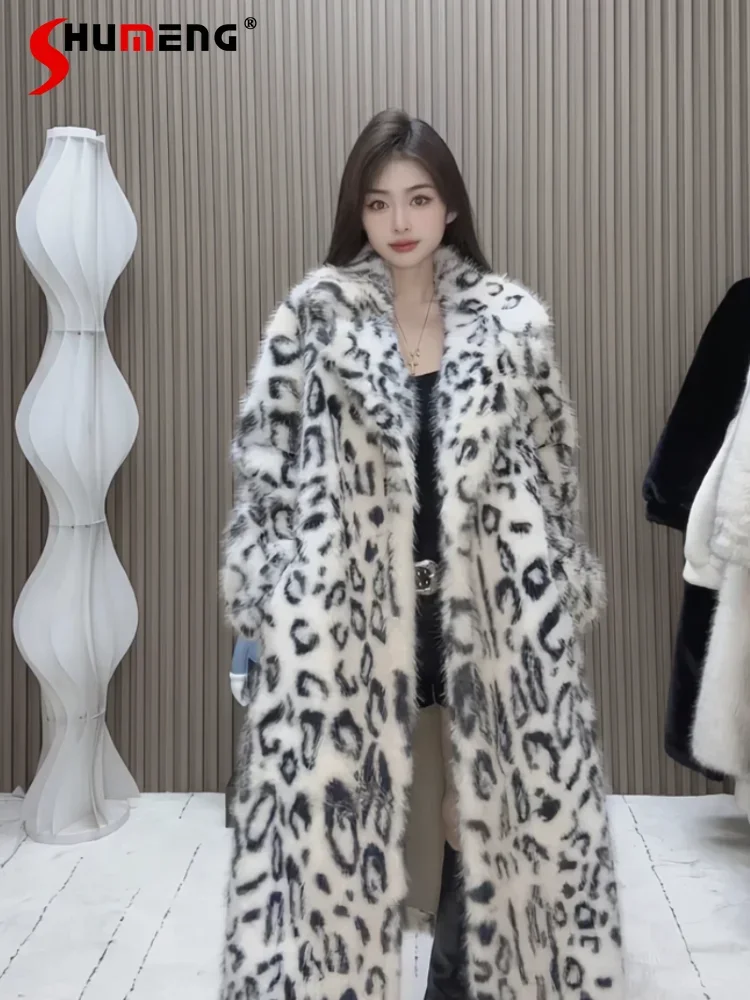 2024 Winter Ladies European Mink Fur Integrated Jackets Women's Medium Long Leopard Print Simulation Mink Toka Trendy Fur Coats