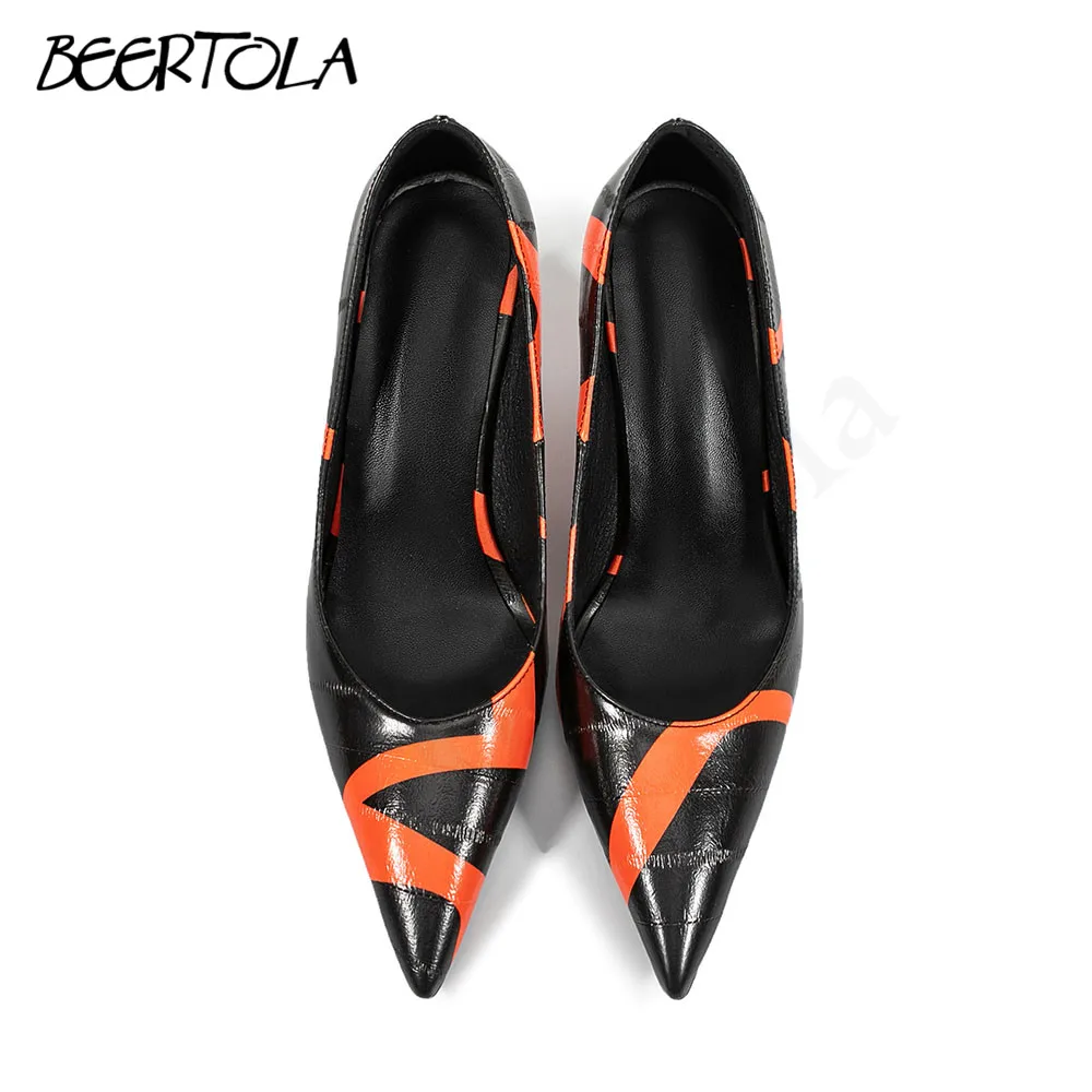 Black and Orange Color Matching High Heels Pointed Toe Thick High Heels Sexy Pumps Large Size Fashionable and Elegant Shoes