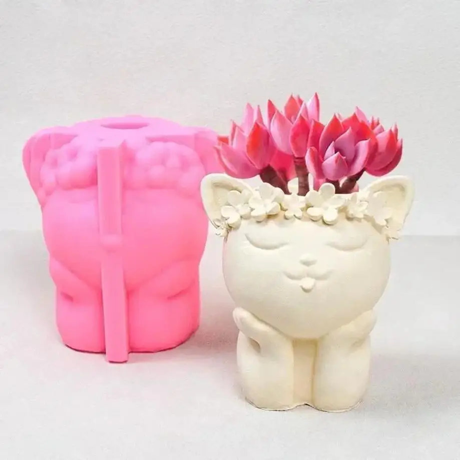 Silicone Mold Cartoon Wreath Cat Flower Pot Succulent Pen Holder DIY Making Resin Concrete Vase Cactus Silicone Mold Home Decor