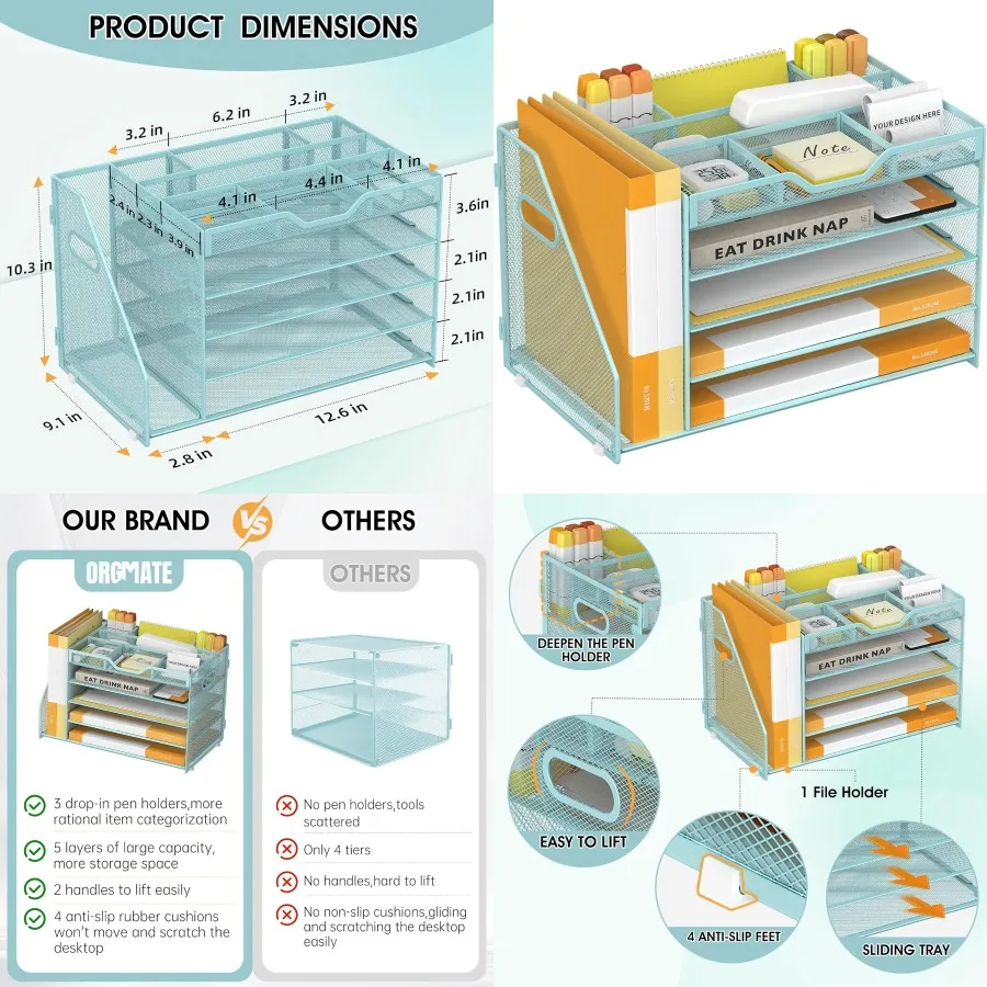 صينية رسائل ورقية مكونة من 5 طبقات مع حامل ملفات و3 حاملات أقلام شبكية منظم ملفات مكتب مع مقبض للمدرسة الفعالة H #1
